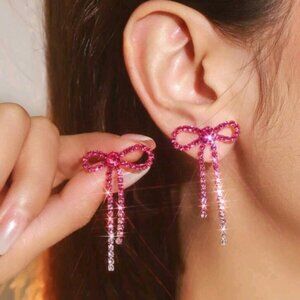 NEW!! Silver Plated Trendy Elegant Pink Rhinestones Bow Earrings